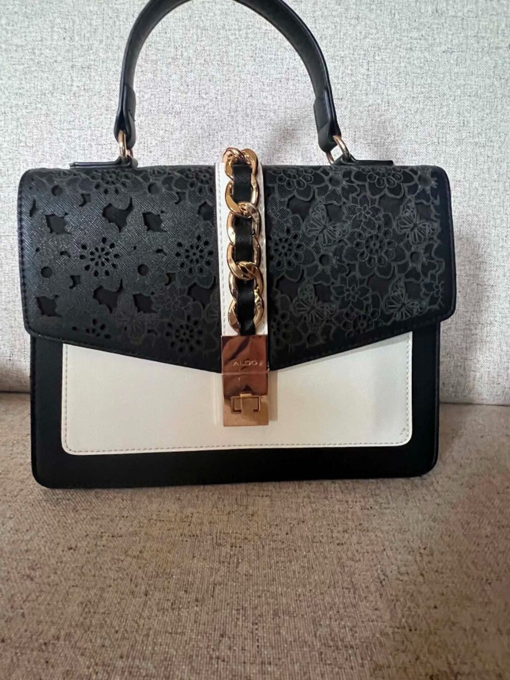 NWOT Pretty Aldo Satchel Black & Cream Floral Cutouts